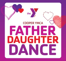 event graphic for the Cooper YMCA father daughter dance featuring pink, purple, and red hearts