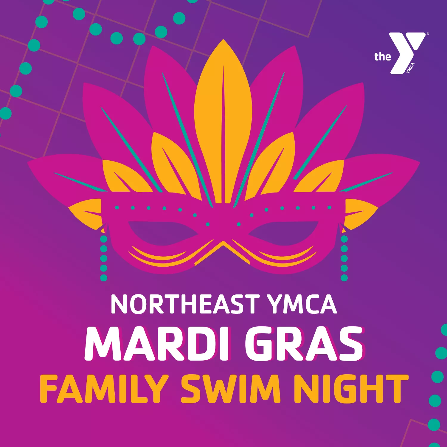 Event graphic for the Northeast YMCA Mardi Gras Family Swim Night