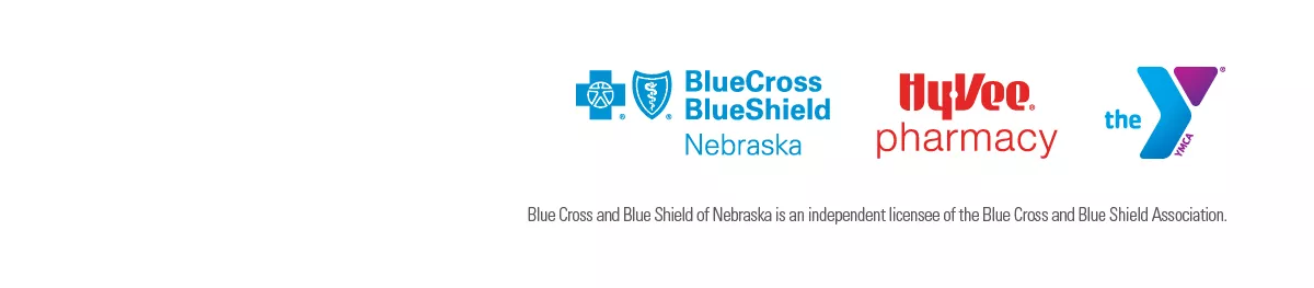 Logos for Blue Cross and Blue Shield, Hy-Vee Pharmacy, and the YMCA