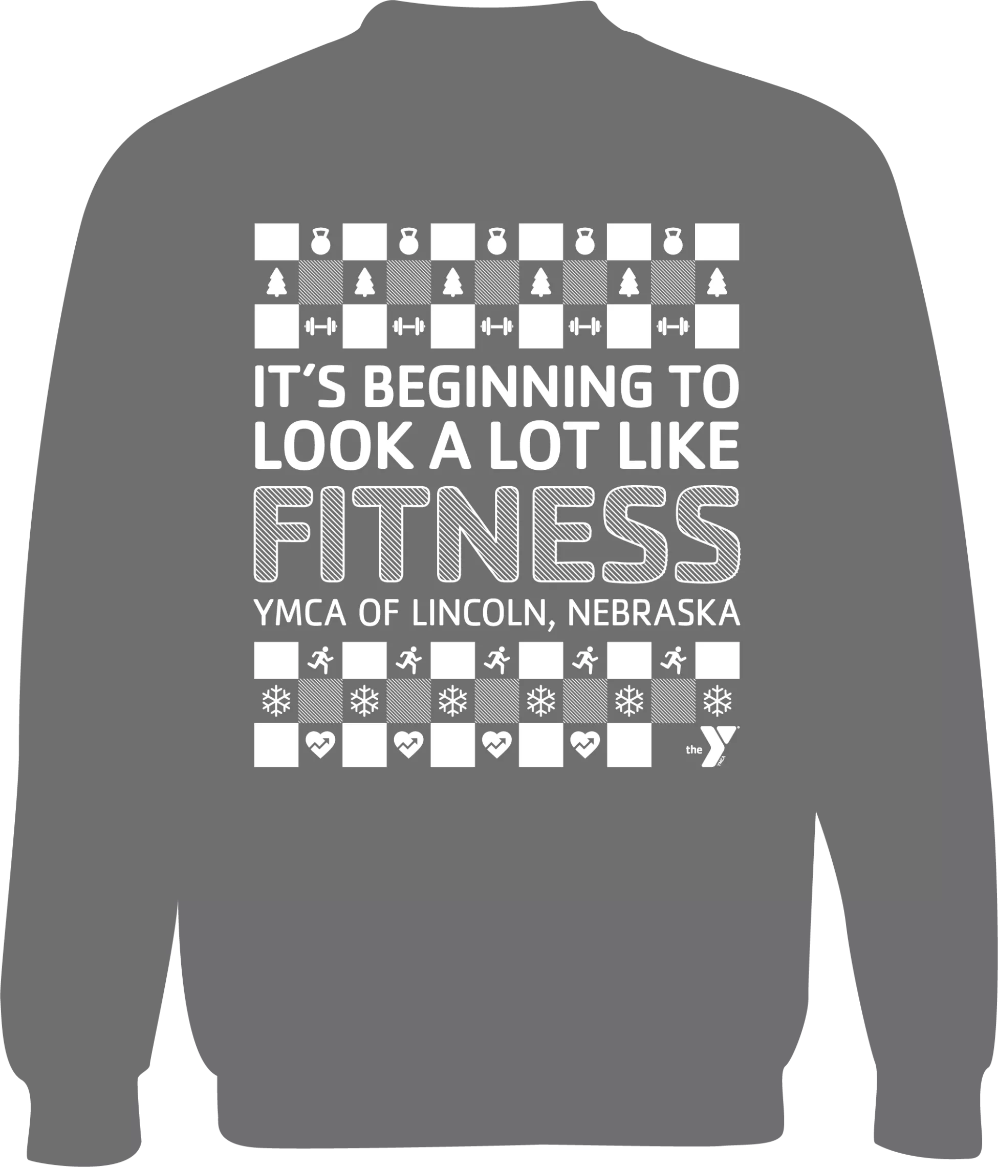 Mockup of the 2022 Holiday Wellness Challenge sweatshirt that reads "It's beginning to look a lot like fitness"