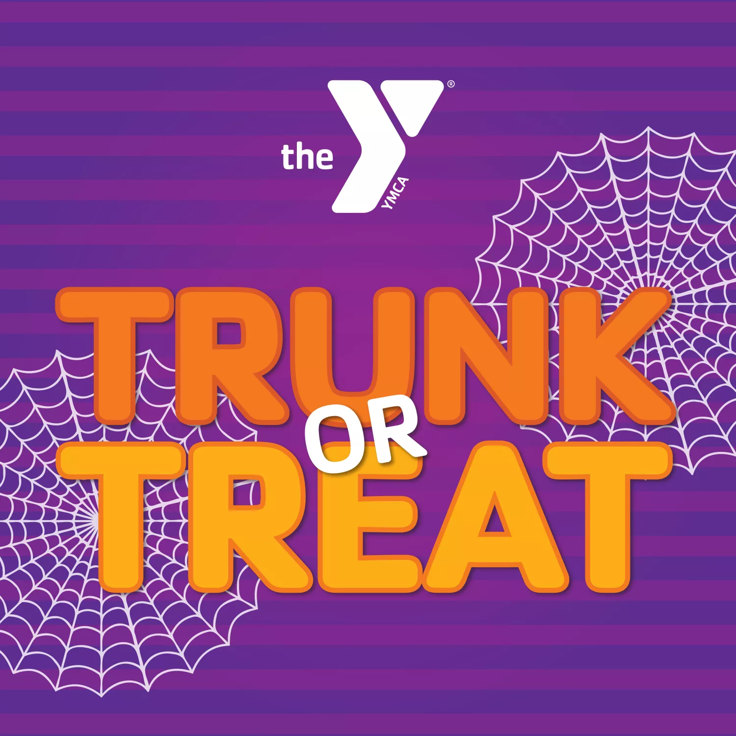 Purple background with spiderwebs and orange and yellow text that reads trunk or treat